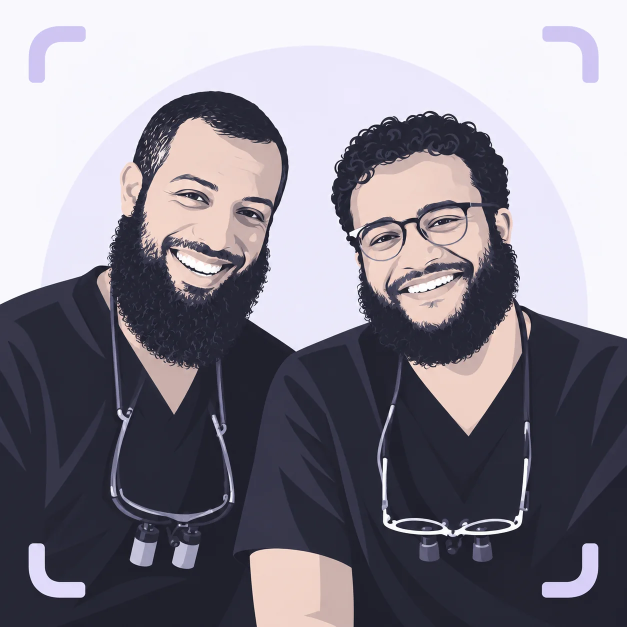 Illustration of SmileSort's founders, Dr Abubakar Baana and Dr Abdelrahman Mohamed, in clinical scrubs with loupes around their necks.
